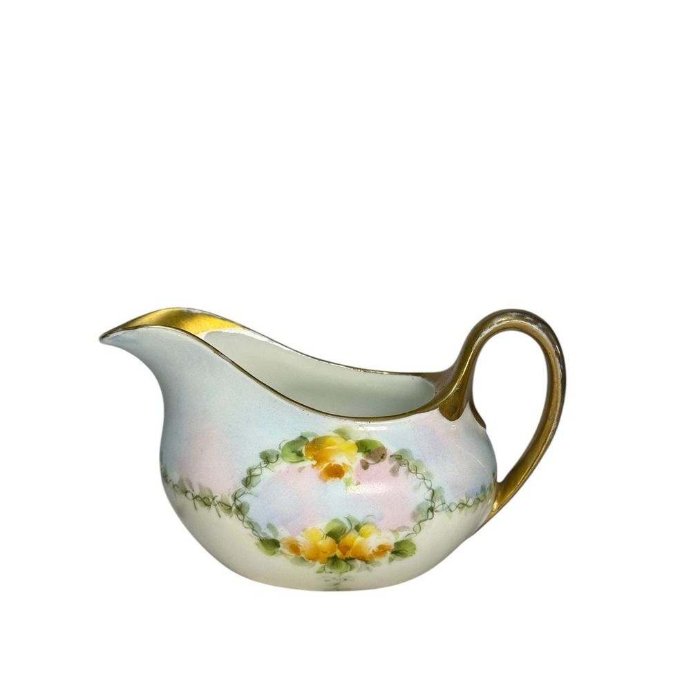 Hand Painted Bavaria Creamer Rogers Signed Floral Yellow Roses Gold Trim Vintage